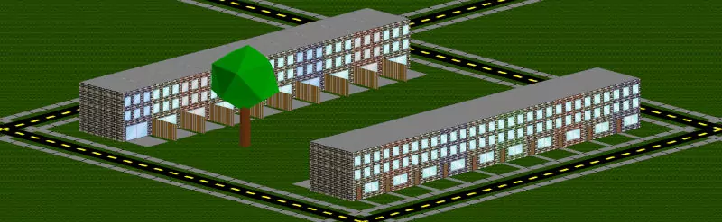 A block with two rows of townhouses and a tree.